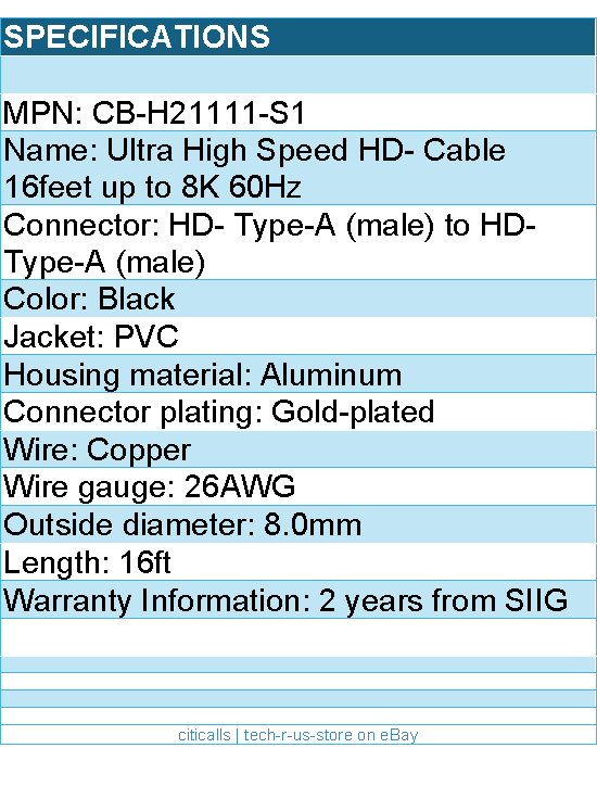 SIIG CB-H21111-S1 Ultra High Speed Video Cable 16feet up to 8K 60Hz Black