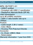 SIIG CB-TC0F11-S1 USB 3.1 Type-C Gen 2 Cable 100W 1M 10Gbps Brown Box