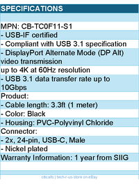 SIIG CB-TC0F11-S1 USB 3.1 Type-C Gen 2 Cable 100W 1M 10Gbps Brown Box