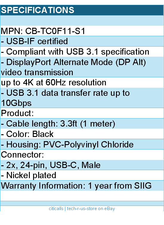 SIIG CB-TC0F11-S1 USB 3.1 Type-C Gen 2 Cable 100W 1M 10Gbps Brown Box