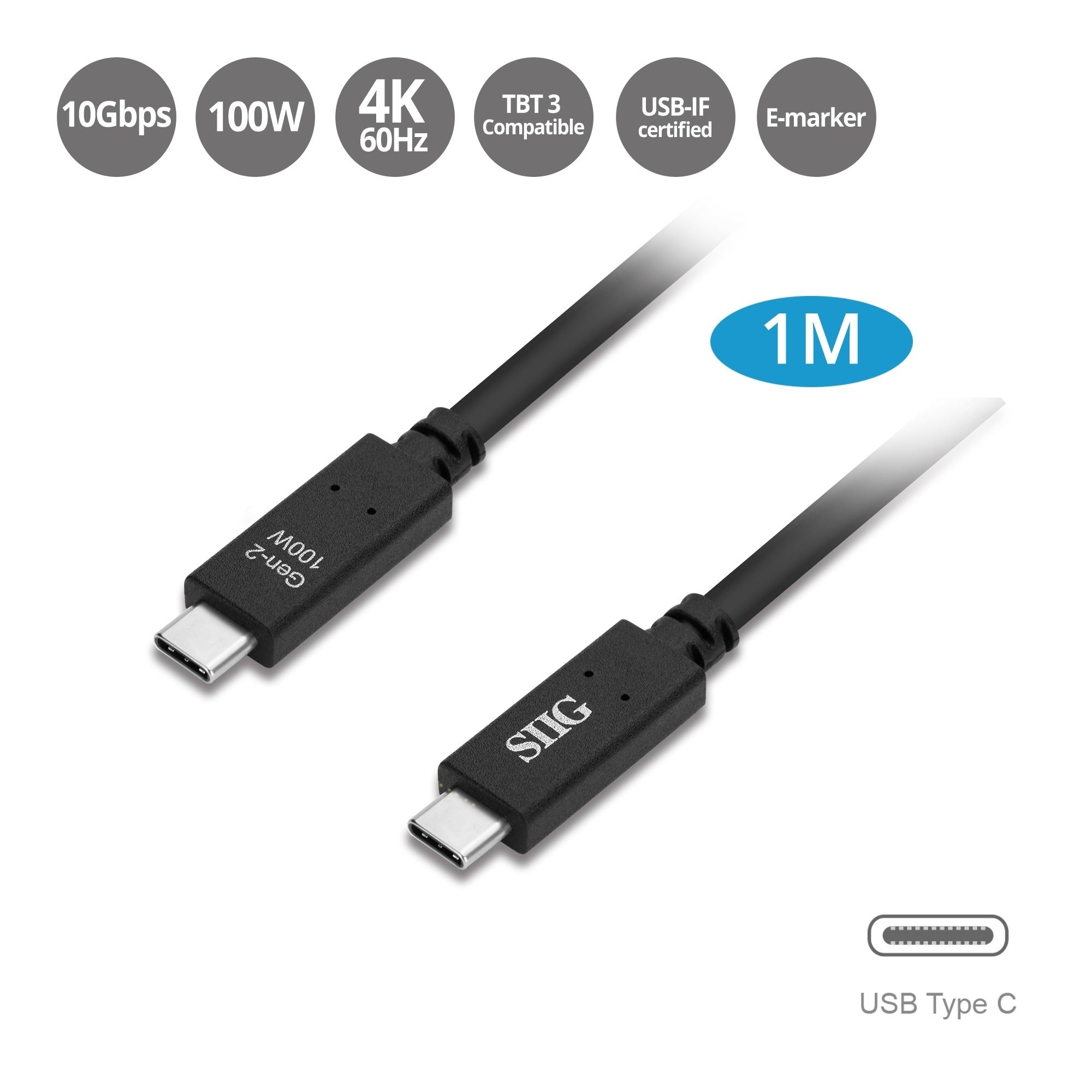 SIIG CB-TC0F11-S1 USB 3.1 Type-C Gen 2 Cable 100W 1M 10Gbps Brown Box