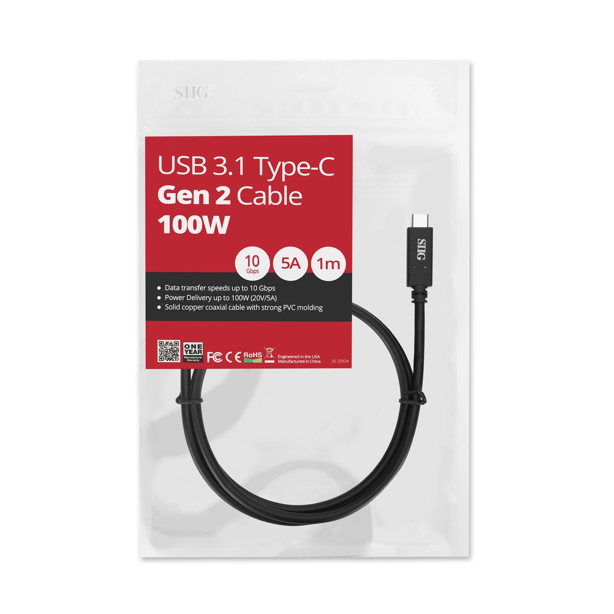 SIIG CB-TC0F11-S1 USB 3.1 Type-C Gen 2 Cable 100W 1M 10Gbps Brown Box