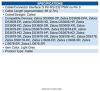Zebra CBA-R71-C09ZAR 9ft Serial Data Transfer Cable RS232, DB9 FEMALE CONNECTOR