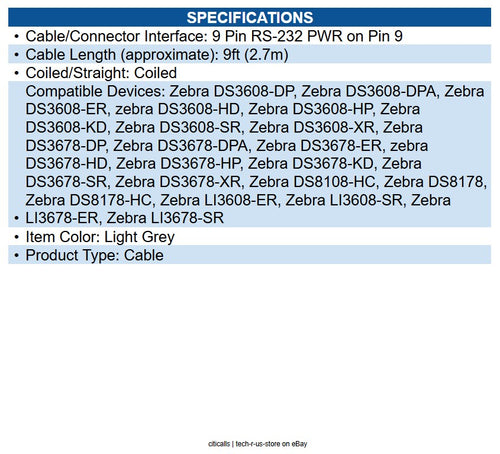 Zebra CBA-R71-C09ZAR 9ft Serial Data Transfer Cable RS232, DB9 FEMALE CONNECTOR