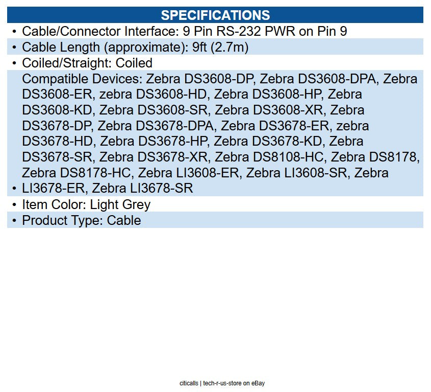 Zebra CBA-R71-C09ZAR 9ft Serial Data Transfer Cable RS232, DB9 FEMALE CONNECTOR