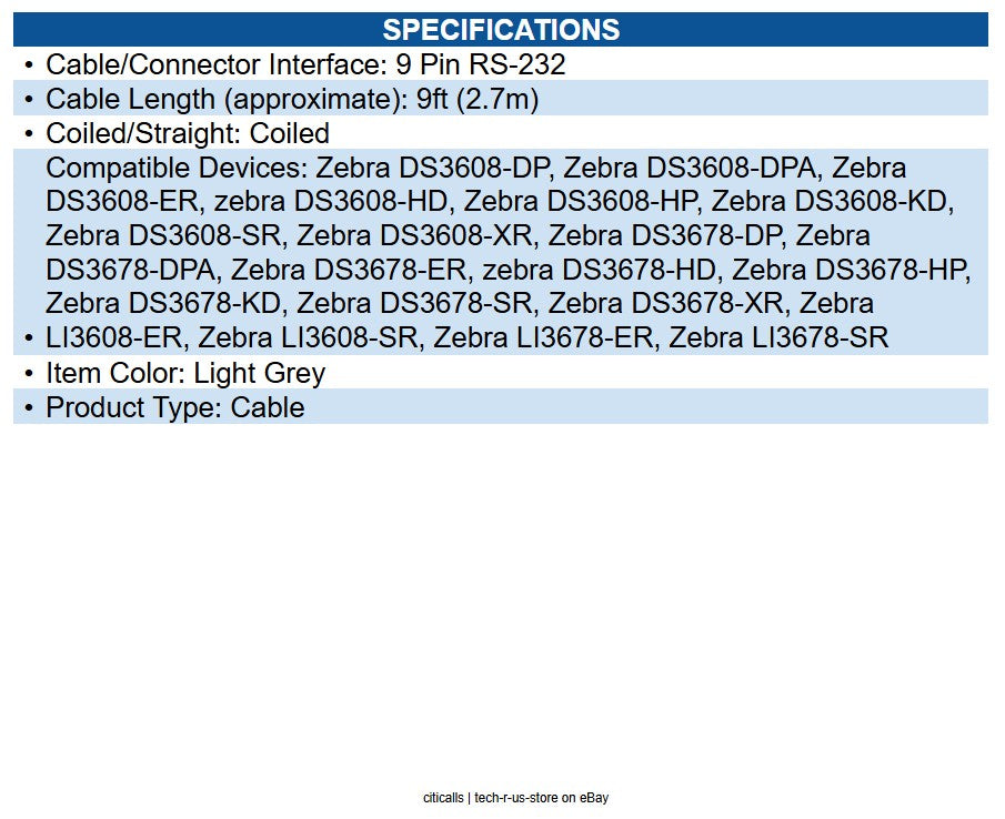 Zebra CBA-RF1-C09PAR DB-9 Data Transfer Cable - 9 ft DB-9 Data Transfer Cable