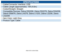 Zebra CBA-U10-S15ZAR Cable, USB: Series A Connector, 15ft. 4.6m Straight