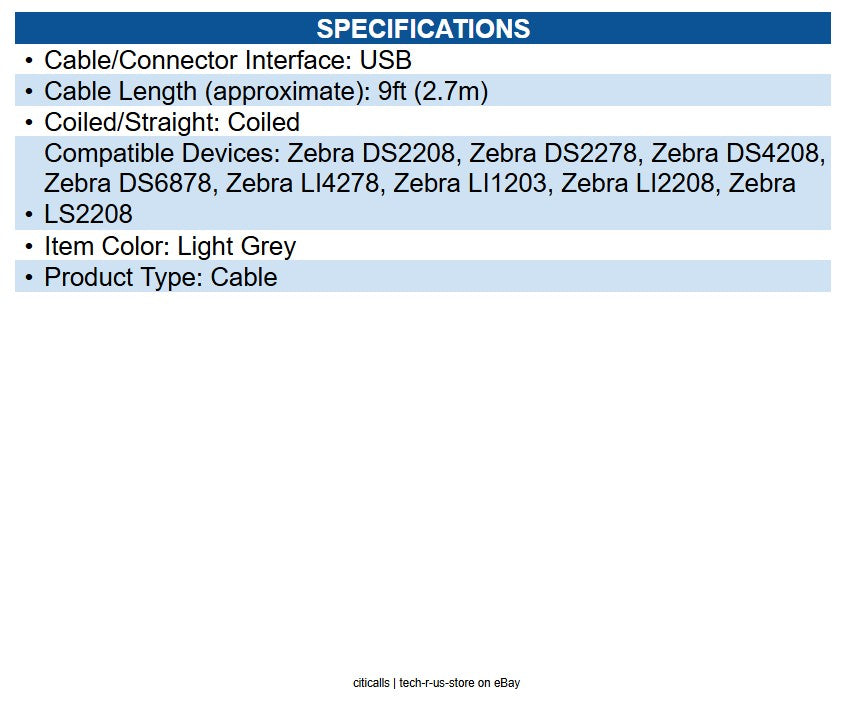 Zebra CBA-U12-C09ZAR Cable, USB: Series A Connector, 9ft. 2.8m Coiled