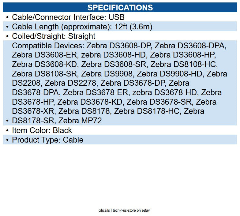 Zebra CBA-U54-S12ZAR USB Data Transfer Cable 12 ft USB Data Transfer Cable