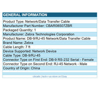 Zebra CBA-R08-S07ZBR 7Ft DB9 RS232 Serial to RJ45  Female Male Gray Cable