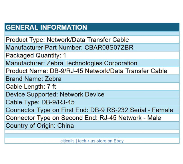 Zebra CBA-R08-S07ZBR 7Ft DB9 RS232 Serial to RJ45  Female Male Gray Cable