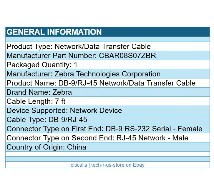 Zebra CBA-R08-S07ZBR 7Ft DB9 RS232 Serial to RJ45  Female Male Gray Cable