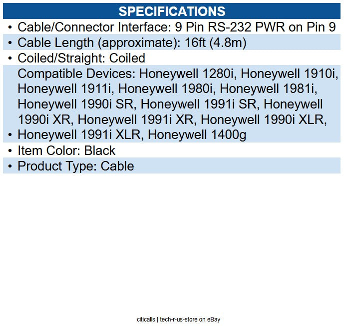 Honeywell CBL-020-500-C00 Cable: 16.4 Foot, RS232, Black, DB9 Female, Coiled, 5V