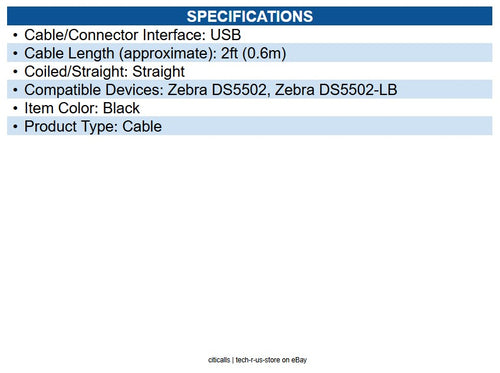 Zebra CBL-U20255-01 DS55: USB Cable: 2 ft. w/ Right Angle Connector 2 ft USB
