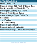 StarTech CBMZT8B 8" Cable Ties - Black Large Nylon/Plastic Zip Tie