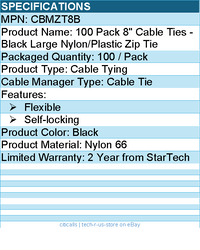 StarTech CBMZT8B 8" Cable Ties - Black Large Nylon/Plastic Zip Tie