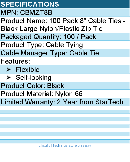 StarTech CBMZT8B 8" Cable Ties - Black Large Nylon/Plastic Zip Tie
