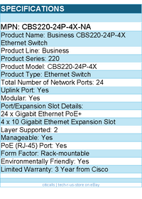 Cisco CBS220-24P-4X-NA Business CBS220-24P-4X Ethernet Switch - 24 Ports