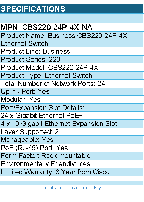Cisco CBS220-24P-4X-NA Business CBS220-24P-4X Ethernet Switch - 24 Ports