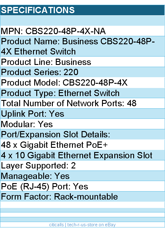 Cisco CBS220-48P-4X-NA Business CBS220-48P-4X Ethernet Switch - 48 Ports