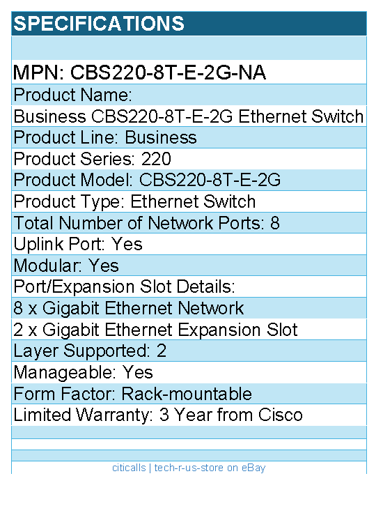 Cisco CBS220-8T-E-2G-NA Business CBS220-8T-E-2G Ethernet Switch