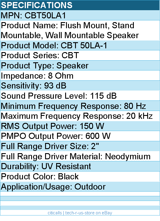Harman JBL CBT50LA1 Flush Mount, Stand Mountable, Wall Mountable Speaker