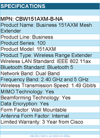 Cisco CBW151AXM-B-NA Business IEEE 802.11ax 1.49 Gbit/s Wireless Range Extender