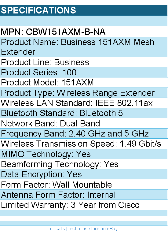 Cisco CBW151AXM-B-NA Business IEEE 802.11ax 1.49 Gbit/s Wireless Range Extender