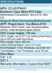 NZXT CC-H31FW-01 Computer Case - H3 FLOW Mid Tower Clear Tinted TG White Retail