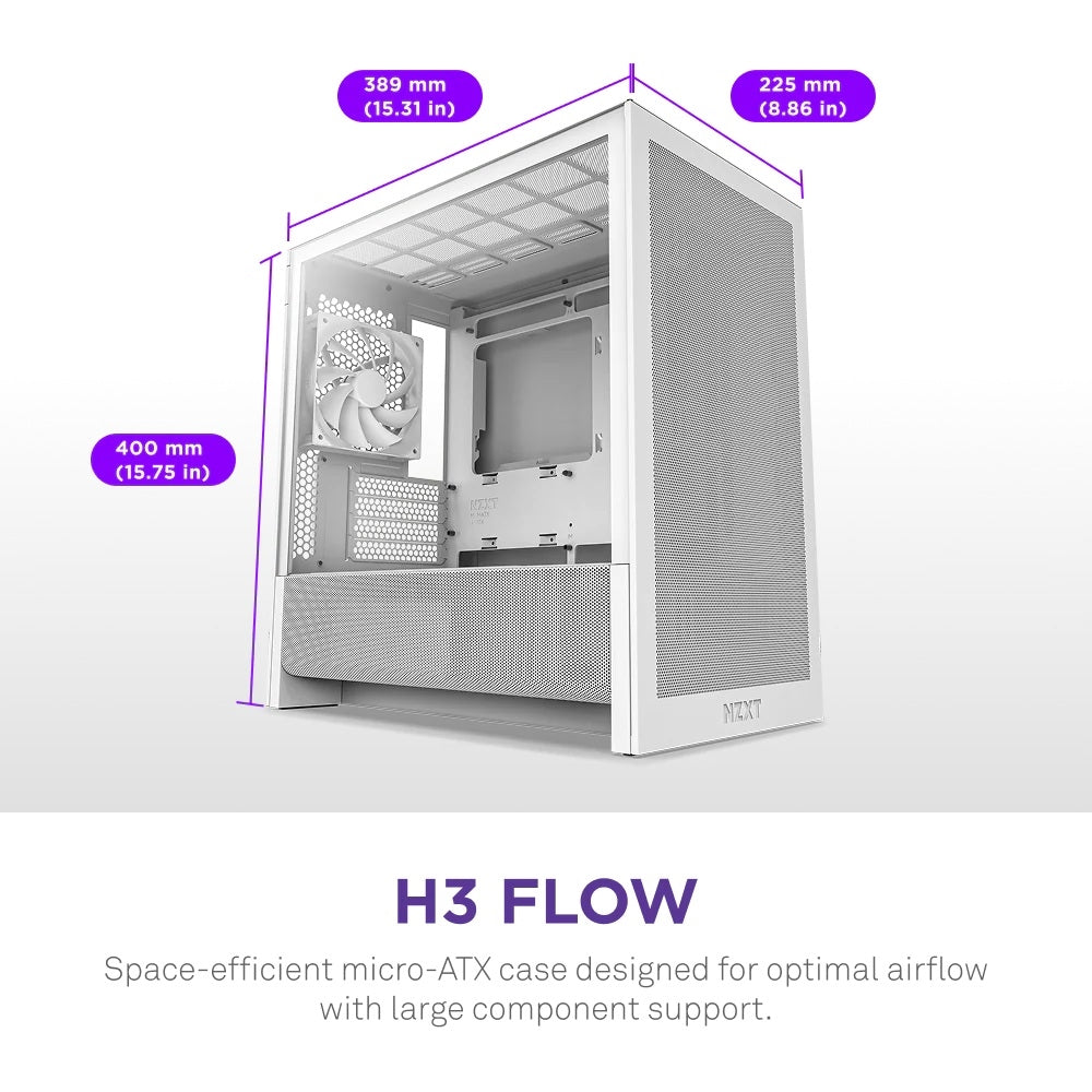 NZXT CC-H31FW-01 Computer Case - H3 FLOW Mid Tower Clear Tinted TG White Retail