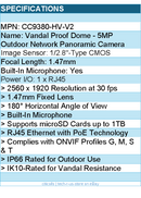 Vivotek CC9380-HV-V2 Vandal Proof Dome - 5MP Outdoor Network Panoramic Camera