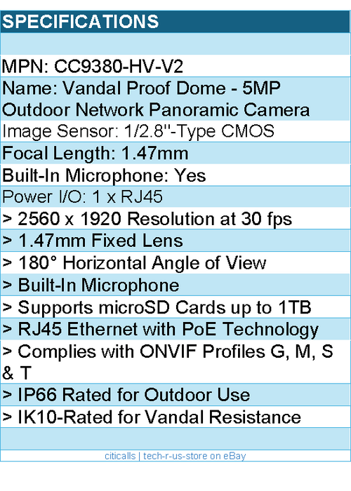 Vivotek CC9380-HV-V2 Vandal Proof Dome - 5MP Outdoor Network Panoramic Camera