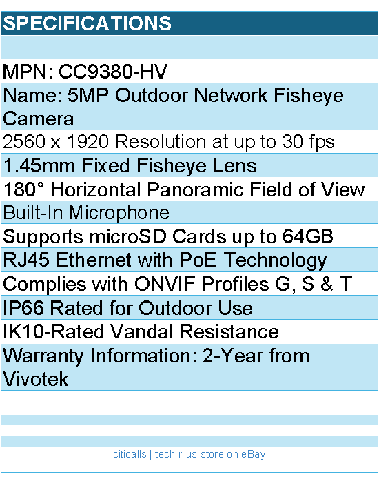 Vivotek CC9380-HV Camera - Outdoor Vandal Proof Dome 5MP Horizontal Panoramic