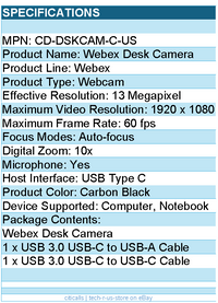 Cisco CD-DSKCAM-C-US Webex Desk Camera - Carbon Black - USB Type C - 4K Video