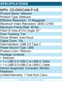 Cisco CD-DSKCAM-P-US Webcam - 13 Megapixel - 60 fps - Platinum - USB 3.0 Type C