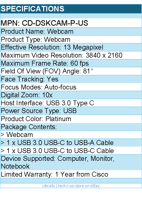 Cisco CD-DSKCAM-P-US Webcam - 13 Megapixel - 60 fps - Platinum - USB 3.0 Type C