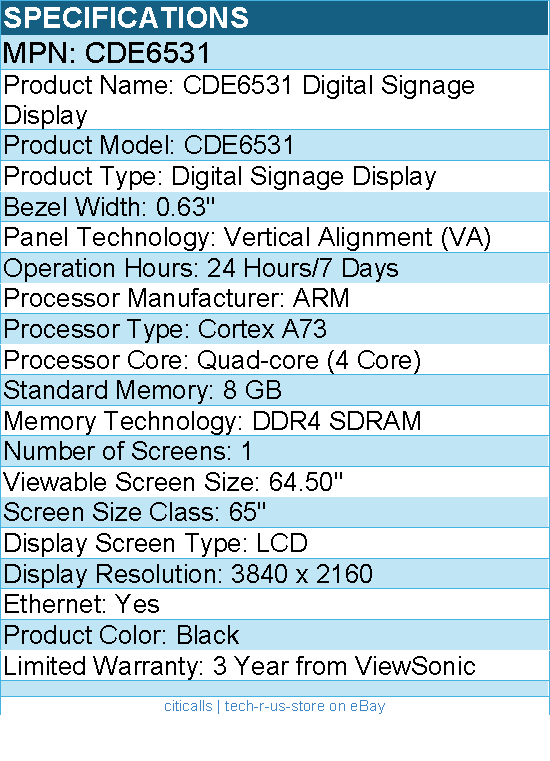 ViewSonic CDE6531 65 Inch 4K UHD Commercial Display - Digital Signage Display