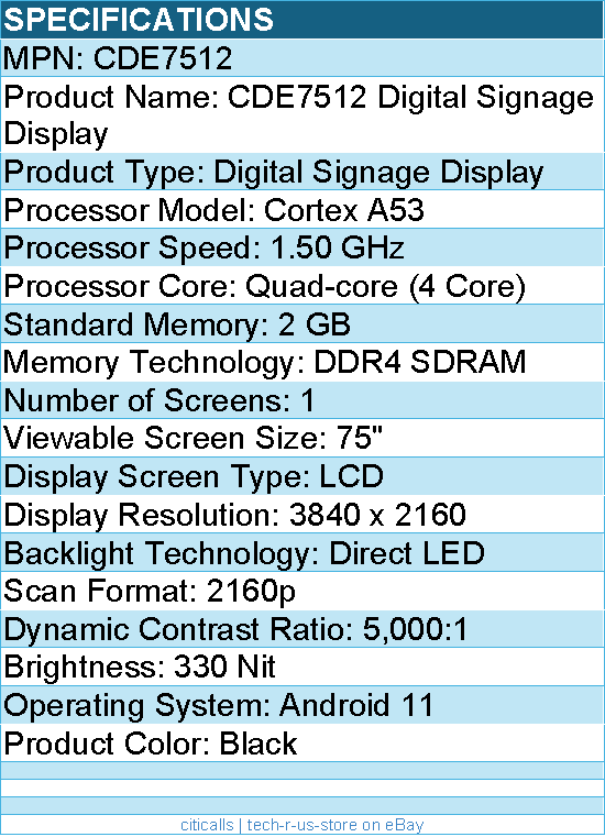 ViewSonic CDE7512 75" 4K UHD Commercial Display with VESP, RJ45, USB C
