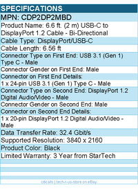 StarTech CDP2DP2MBD 6ft (2m) USB C to DisplayPort 1.2 Cable 4K 60Hz