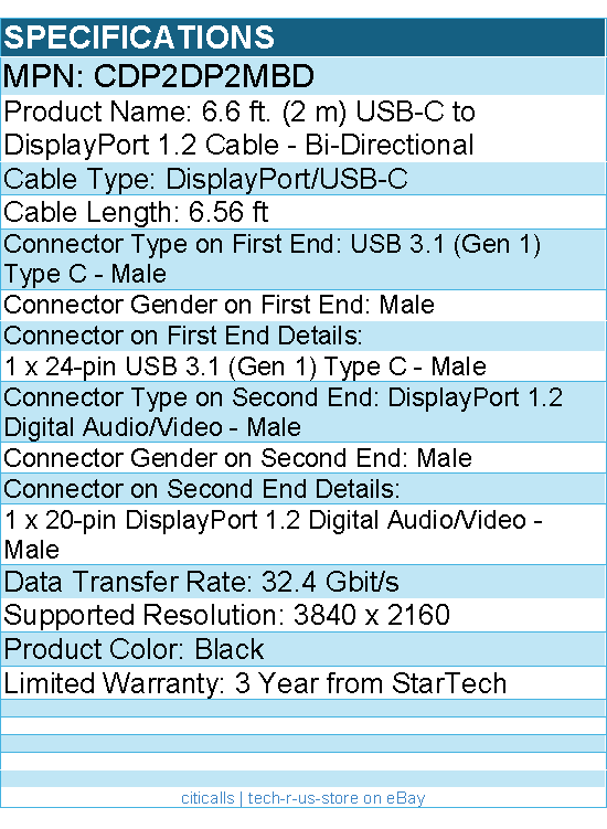 StarTech CDP2DP2MBD 6ft (2m) USB C to DisplayPort 1.2 Cable 4K 60Hz