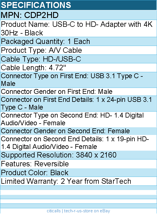 StarTech CDP2HD USB-C to Video Adapter - 4K 30Hz - USB 3.1 - Black