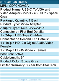StarTech CDP2HDVGA USB C to VGA and Video Adapter - Aluminum - USB-C Multiport