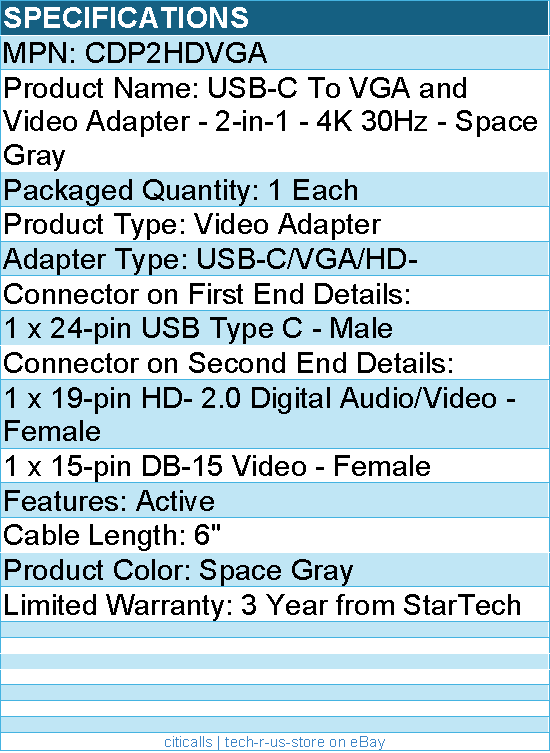 StarTech CDP2HDVGA USB C to VGA and Video Adapter - Aluminum - USB-C Multiport