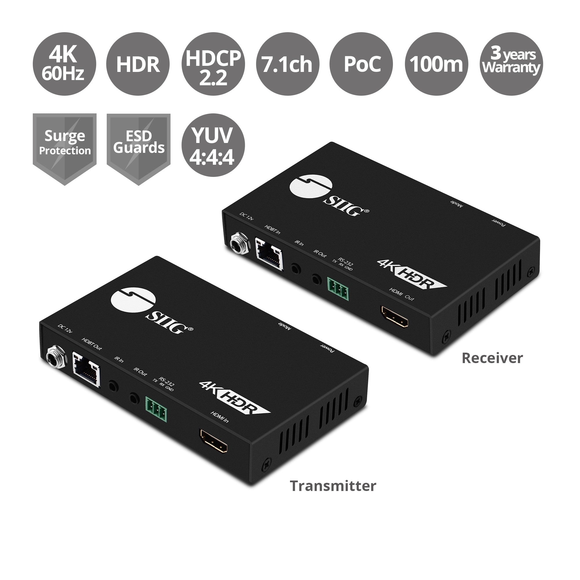 SIIG CE-H23311-S1 4K HDR Video 2.0 HDBaseT Extender Cat5e 6 w RS-232&IR 100m
