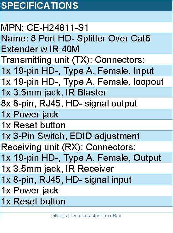 SIIG CE-H24811-S1 8PT Video Splitter Over Cat6 Extender with IR 40M Brown Box