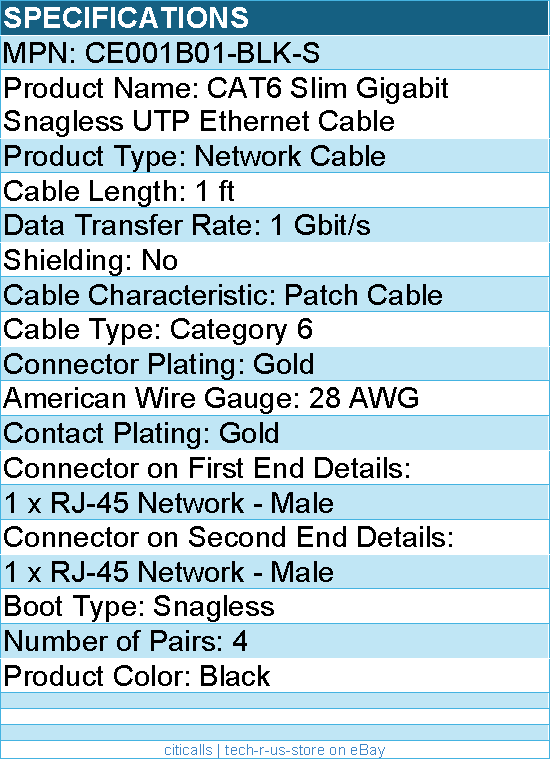 Belkin CE001B01-BLK-S 1 ft CAT6 Slim Gigabit Snagless UTP Ethernet Cable