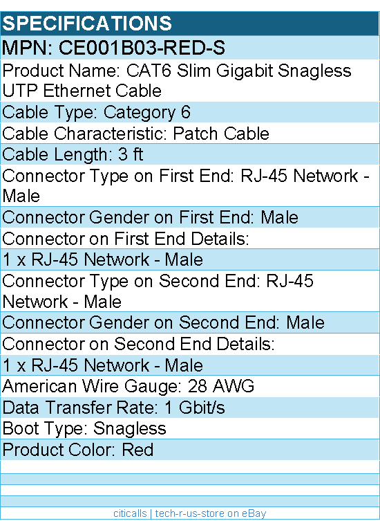 Belkin CE001b03-RED-S CAT6 Slim Gigabit Snagless UTP Ethernet Cable