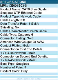 Belkin CE001B03-S 3 ft CAT6 Slim Gigabit Snagless UTP Ethernet Cable