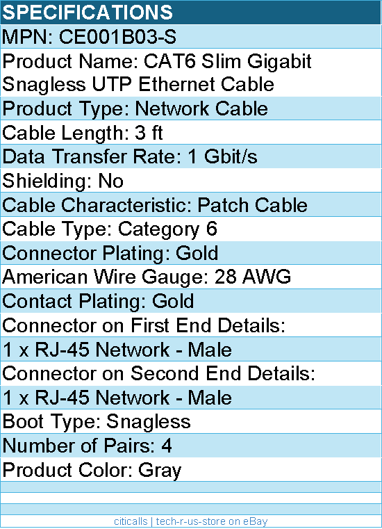 Belkin CE001B03-S 3 ft CAT6 Slim Gigabit Snagless UTP Ethernet Cable