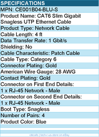 Belkin CE001B04-BLU-S 4 ft CAT6 Slim Gigabit Snagless UTP Ethernet Cable - Blue